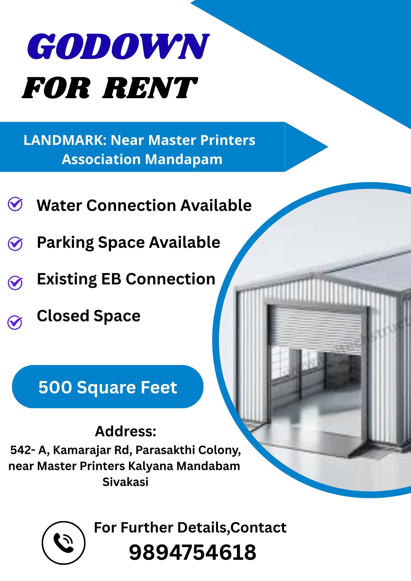 Godown for rent at Parasakthi colony