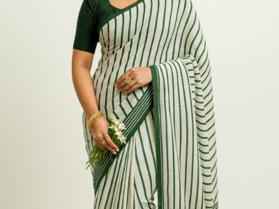 Green White Striped Cotton Popcorn Saree