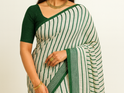 Green White Striped Cotton Popcorn Saree