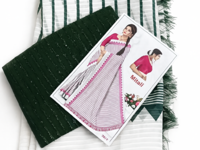 Green White Striped Cotton Popcorn Saree